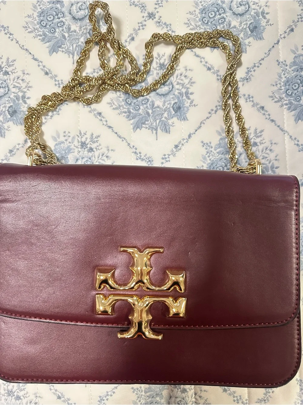 Tory Burch Burgundy Leather Shoulder Bag with Gold Chain